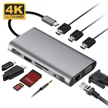10 В 1 4k HDMI-совместимый USB-концентратор Док-станция Type C Адаптер Usb 3.0 Vga RJ45 Конвертер Для Портативных ПК Конвертер Адаптеры
