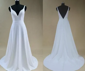 100% реальное изображение FANWEIMEI #9010, Простое атласное платье без рукавов Трапециевидной формы с глубоким V-образным вырезом и открытой спиной, Свадебное платье Невесты