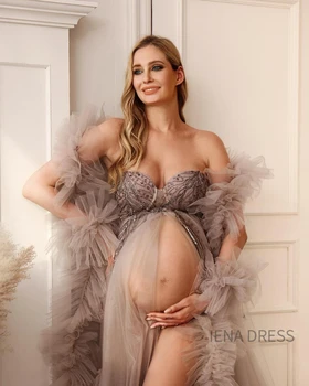 18138 #Темно-розовое расшитое бисером платье с оборками и открытой передней частью для беременных для фотосессии, Душа ребенка, Платье для беременных с открытыми плечами и длинным подолом