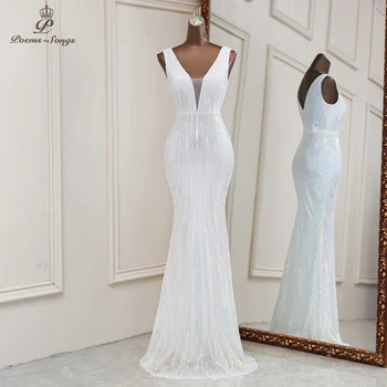 2021 Новый стиль, белые блестки, сексуальное вечернее платье русалки, коктейльное платье, vestidos formales, халат для свадьбы, свадебное платье