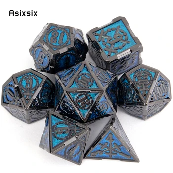 7 шт. синих серебряных металлических кубиков с двойными мечами, набор твердых многогранных кубиков, подходящих для настольной ролевой игры RPG