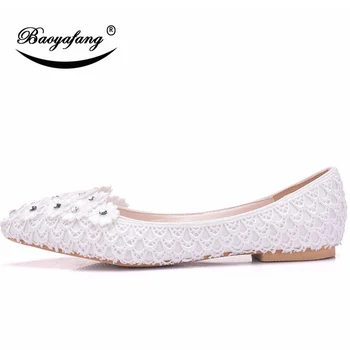 Bao Ya Fang/Женские белые свадебные туфли невесты, шифоновые кружевные туфли на плоской подошве, модные модельные туфли большого размера с цветочным рисунком
