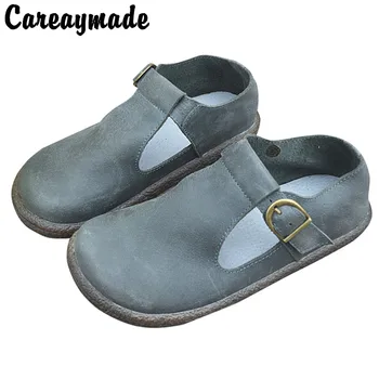 Careaymade-Новые тонкие туфли из натуральной кожи ручной работы из воловьей кожи в стиле ретро, Т-образные туфли с большим носком, женская обувь на плоской подошве