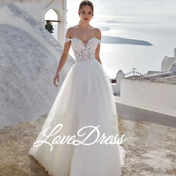 #LD78 LoveDress, Свадебные платья с открытыми плечами, Кружевные Аппликации, Пляжное Платье Невесты Трапециевидной Формы со шлейфом на пуговицах, Vestido De Novia