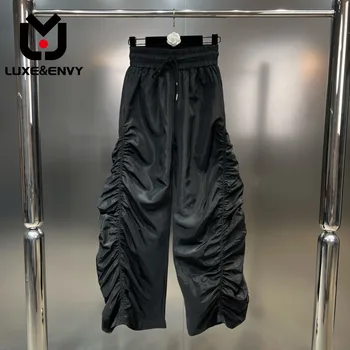 LUXE & ENVY Черные плиссированные брюки с прямыми штанинами, стрейч, высокая талия, шнурок, однотонные летние новые брюки 2023