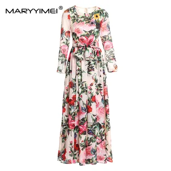 MARYYIMEI/ Модное Весенне-летнее женское платье с длинными рукавами, лентами, цветочным принтом, блестками, Праздничные шифоновые платья в богемном стиле