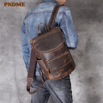 PNDME высококачественный простой мужской женский рюкзак Crazy Horse из натуральной кожи, винтажная дизайнерская роскошная дорожная сумка для ноутбука