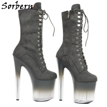 Sorbern/Черные Женские сапоги до середины икры, высокие ботинки для Танцовщицы на шесте, Градиентный плексигласовый каблук, фетиш-обувь для кроссдрессинга 8 Дюймов