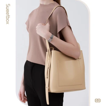SWEETBOX Кожаная сумка-мешок для женщин, Брендовая Дизайнерская сумка-тоут, сумки через плечо с Регулируемым Ремешком, Женская сумка через плечо Большой Емкости