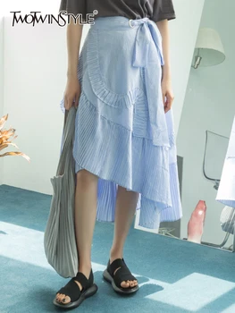 TWOTWINSTYLE, юбка в полоску с неровным подолом, женская юбка миди в стиле пэчворк на шнуровке с высокой талией, Женская летняя одежда, новинка 2022 года