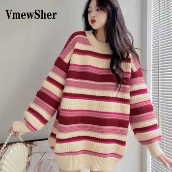 VmewSher Теплый свитер в полоску в стиле ретро, женский осенне-зимний Толстый Свободный пуловер с круглым вырезом, вязаный джемпер с длинным рукавом