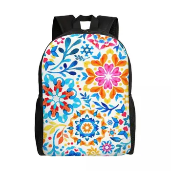 Акварельный рюкзак с цветочным рисунком в виде калейдоскопа для женщин, мужчин, сумка для книг для студентов колледжа, подходит для 15-дюймового ноутбука, сумки с цветами в виде мандалы