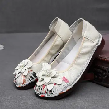 Бесплатная доставка, Роскошная женская обувь из натуральной кожи, балетки, Женские лоферы с цветочным рисунком, удобная обувь для мамы, женские мокасины