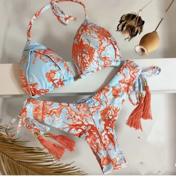 Бикини с цветочным принтом 2023 Mujer, Сексуальные богемные купальники, летний пляжный купальный костюм, женский купальный костюм с кисточками