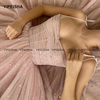 Блестящие короткие платья для выпускного вечера Yipeisha, тюль на тонких бретельках длиной до щиколоток с золотыми звездами, Трапециевидное Пыльно-розовое вечернее платье