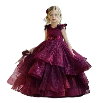 Бордовое Свадебное платье с цветочным узором для девочек, Кружевные Бусы, цветочные аппликации, Нарядные платья для маленьких девочек, Вечерние платья, одежда принцессы
