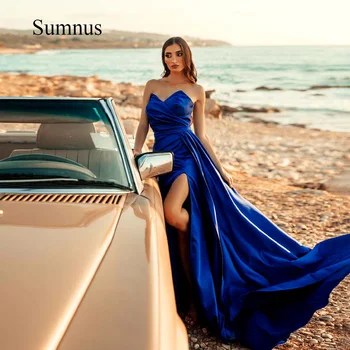 Вечерние платья Sumnus из королевского синего атласа С разрезом сбоку в виде сердечка и драпированным шлейфом Вечерние платья Длинное платье из Дубая