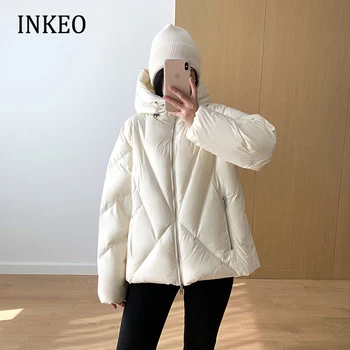 Высококачественная Женская куртка с капюшоном из перьев 2023, Зимнее Теплое пальто с длинным рукавом на 90% белом утином пуху, Свободная Верхняя одежда, Черный INKEO 3O009