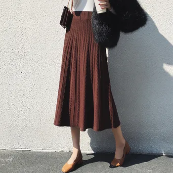 Длинная плиссированная юбка миди, женская 2019, осень-зима, корейская мода, высокая талия, трапециевидные скрученные трикотажные юбки jupe femme
