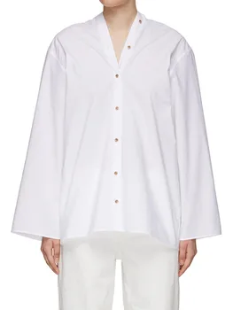 Женская рубашка с V-образным вырезом и рукавами с заниженными плечами, Лето 2022, новая модная однобортная Элегантная белая Свободная блузка для леди