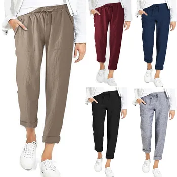 Женские брюки для отдыха с высокой талией, хлопчатобумажные льняные свободные брюки, женские однотонные брюки-карандаш на шнурке