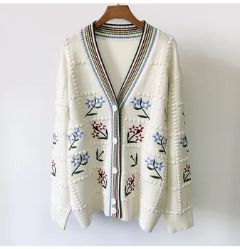Женский шерстяной вязаный кардиган с вышивкой и V-образным вырезом, Свободный однобортный свитер с длинными рукавами и цветочным принтом, куртка Осень-зима