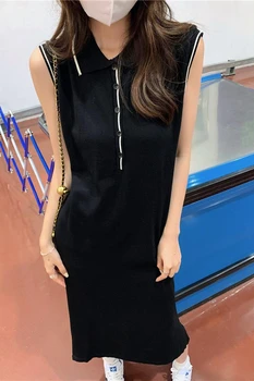Корейская версия летнего платья, новый нишевый вязаный сарафан без рукавов с открытыми плечами, длинное платье H с пуговицами и отворотом