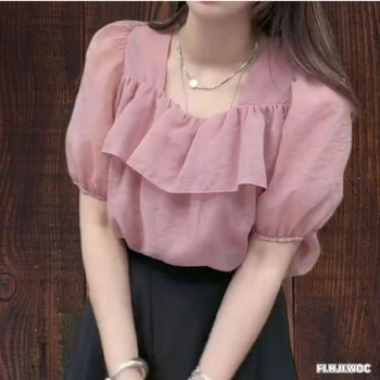 Короткие шикарные топы, Летние С пышными рукавами и квадратным вырезом, Розовая рубашка с оборками на шнуровке, Блузка, Женский топ в корейском японском стиле FLHJLWOC Cute