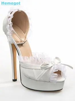 Кружевные туфли-лодочки на платформе с открытым носком и рюшами, бабочка, узел на высоком каблуке-шпильке, пряжка на щиколотке, однотонные свадебные женские туфли для новобрачных, Новые