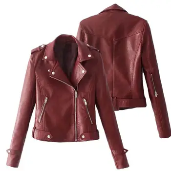 Куртка, пальто с длинным рукавом, однотонное женское пальто с Лацканами из Искусственной Кожи, мотоциклетное пальто на молнии