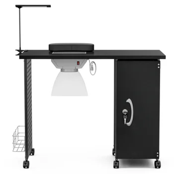 Маникюрный стол, рабочее место для нейл-арта со съемными ящиками, Запирающиеся колеса \ Вентилятор, пылесборник \ Лампа \ Подставка для запястий