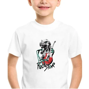 Модная детская футболка с динозавром в стиле рок-н-ролл, харадзюку, хипстерская одежда для маленьких мальчиков от 2 до 12 лет, летние повседневные топы, футболка для детей