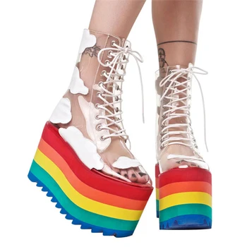 Модные женские Ботильоны на прозрачной Радужной платформе со шнуровкой, Дизайнерские Ботильоны в уличном стиле, Женская обувь на высоком каблуке Zapatos