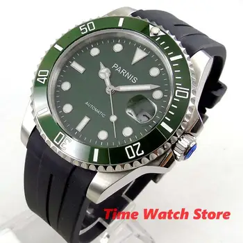 мужские механические часы PARNIS 40 мм, водонепроницаемый браслет из благородной резины, зеленый циферблат, светящийся сапфировый керамический безель, MIYOTA Auto PA69