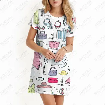 Новое женское летнее мини-платье трапециевидной формы, Модное платье свободного кроя с 3D цветочным принтом, Повседневное женское пляжное платье с круглым вырезом и коротким рукавом