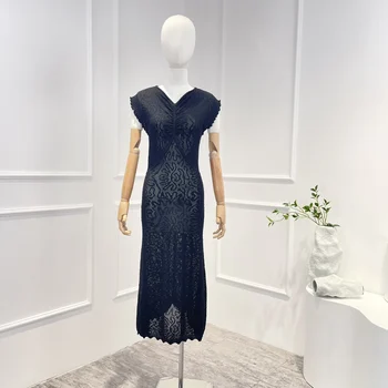 Новое Поступление, Высококачественное Женское Винтажное Однотонное Черное Белое Открытое Платье Миди без рукавов с V-образным вырезом, Летнее