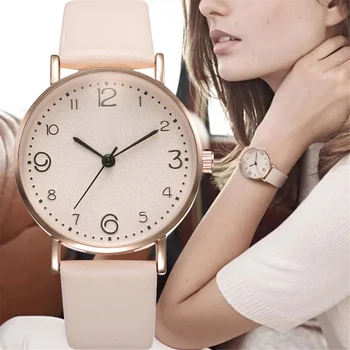 Новые Модные женские часы с простым цифровым циферблатом и кожаным ремешком, круглые кварцевые часы для отдыха, студенческие часы, подходящие к женским наручным часам