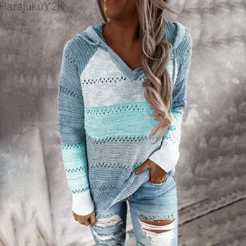 Новые осенне-зимние свитера с капюшоном в стиле пэчворк для женщин, Тонкий пуловер с V-образным вырезом, Топы, Джемпер Больших Размеров, Женские вязаные свитера