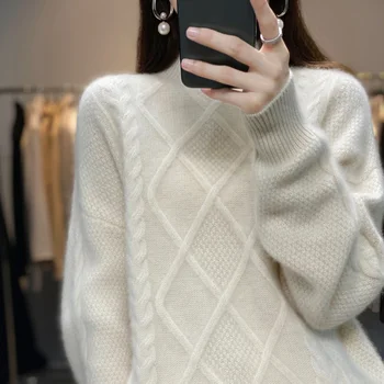 Новый женский пуловер с высоким воротом, однотонный свободный кашемировый свитер, модная нижняя рубашка, вязаный топ с длинными рукавами