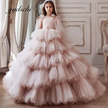 Платье с цветочным узором для девочек на свадьбу, Бальное платье из тюля с бантом, Детские платья Принцессы Длиной до пола на День рождения, Элегантные Vestidos De Novia
