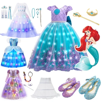 Платья Принцессы Русалочки Ариэль для девочек Disney, Детский костюм со светодиодной подсветкой, Карнавальная вечеринка, Детское платье на Хэллоуин