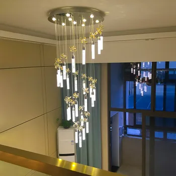 Подвесные светильники с двойным входом в здание, хрустальная современная гостиная, длинная люстра, светодиодная креативная лампа