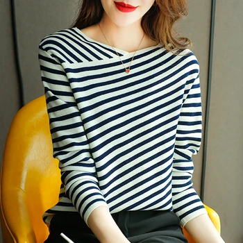 Полосатый свитер с V-образным вырезом, Вязаный женский Корейский осенний модный топ с длинным рукавом, повседневные женские свитера, универсальные пуловеры в стиле пэчворк