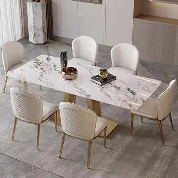 Роскошные наборы для столовой Стальная опорная плита Кухонная мебель Глянцевая каменная доска Прямоугольная столешница 70-дюймовый золотой обеденный стол
