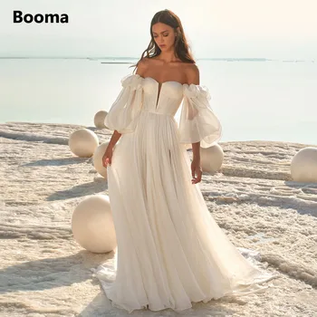 Свадебные платья Booma Boho Пляжные Без бретелек С длинными пышными рукавами, Шифоновое свадебное платье с V-образным вырезом и шлейфом на заказ, Свадебное платье