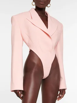 Сексуальный розовый комбинезон, женский костюм, блейзер, куртка из 1 предмета, повседневное хлопковое полое пальто высокого качества на одной пуговице (без брюк)