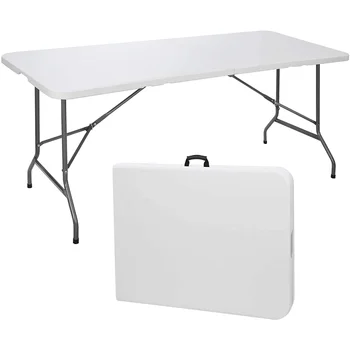 Складной стол для общего пользования, 6 футов, раскладывающийся пополам, Портативный пластиковый Обеденный стол для пикника, белый