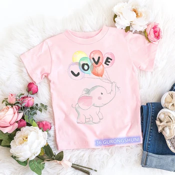 Футболка для девочек в стиле Каваи, забавный слон, одежда для девочек с воздушным шаром, милая детская футболка с героями мультфильмов о животных, летняя футболка для девочек, розовые топы